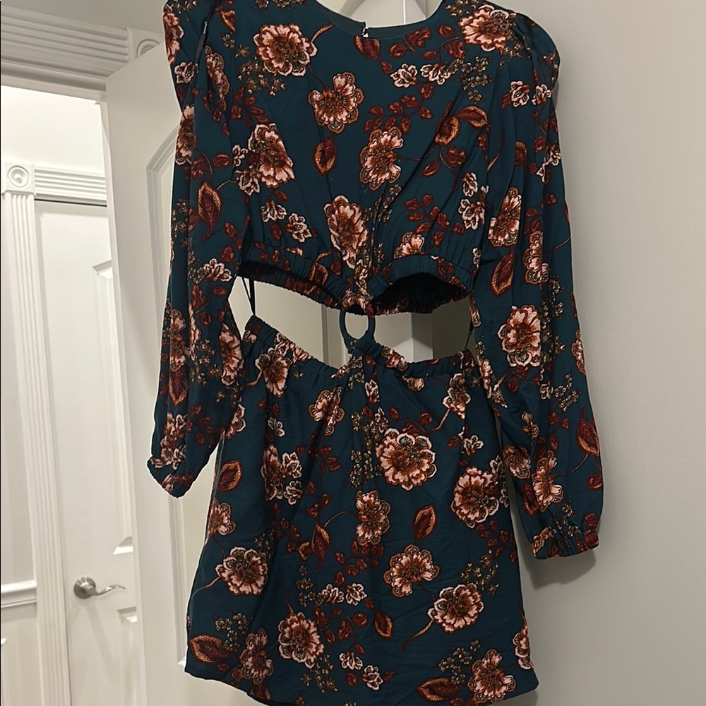 MINKPINK Blue Floral Dress with Long Bishop Sleeves